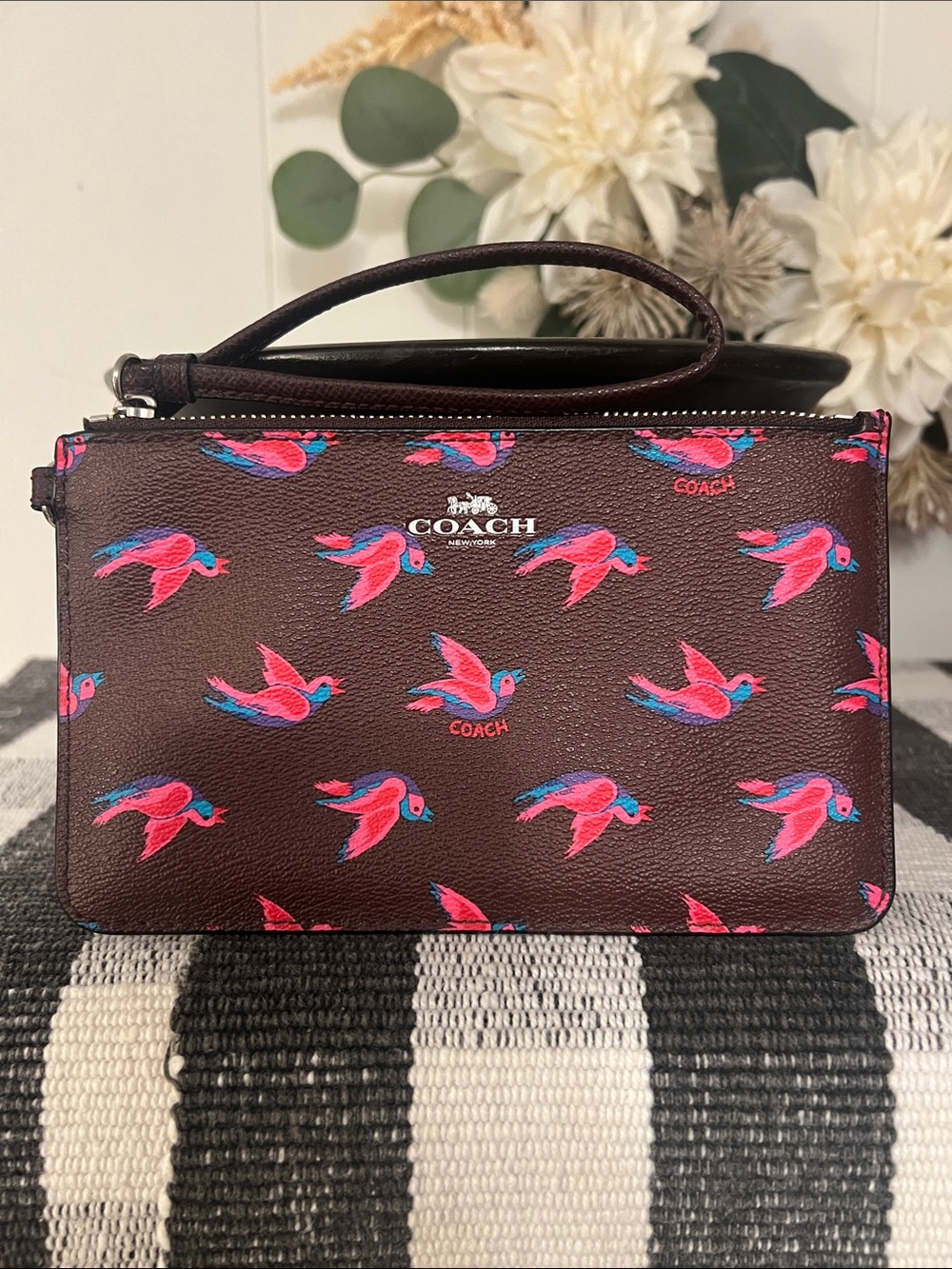 COACH Happy Birds Brown Leather Wristlet- OxBlood,Pink & Blue Bird Print- F56710